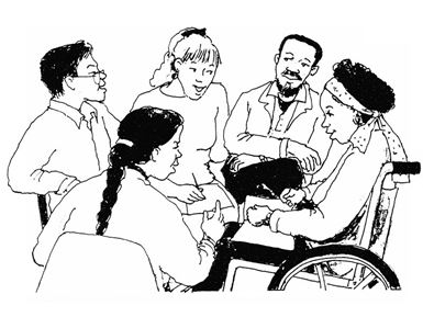 It is important to ensure that people with all kinds of physical, emotional and intellectual impairments are able to join in with church activities. Illustration from Petra Röhr-Rouendaal, Where there is no artist (second edition)