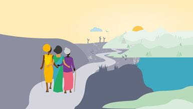 An illustration of three ladies walking together down a winding road