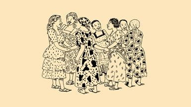 Illustration of woman gathered in a close circle talking to each other