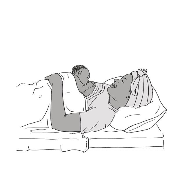 Illustration d'une mère en train d'allaiter son bébé contre elle sous son bras 