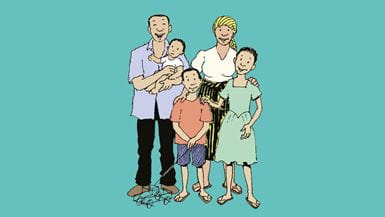 Ilustração de uma unidade familiar com mãe, pai e três filhos de diferentes idades.