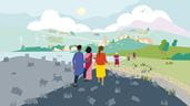 An illustration of a mixed group of people wlkaing from a broken down area towards a fertile looking village