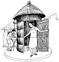 Ilustração de uma mulher de pé na porta de uma latrina com uma pia para lavar as mãos ao lado