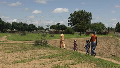 A wide landscape view of a rural village under a blue sky with scattered clouds. Four people are walking away from the camera along a dirt path through a green, grassy field toward several small, thatch-roofed huts. A person in a long tan garment leads the group, followed by two small children and a person in an orange shirt and blue patterned wrap. Lush green trees border the village in the background.