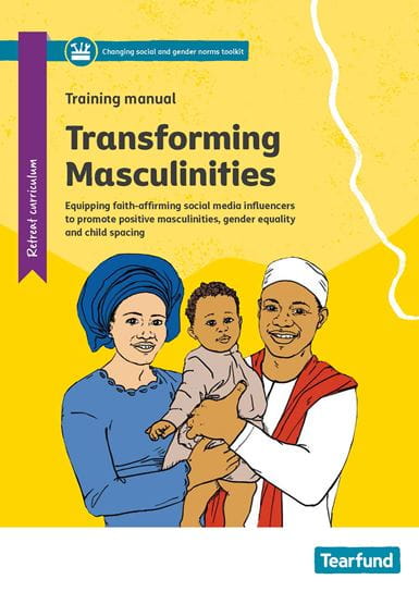cover of the training manual. It is bright yellow and  has a drawing of a woman and a man standing together and holding a small child between them. They are smiling.