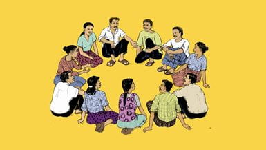 Illustration of a group of men and women sitting in a circle having a discussion