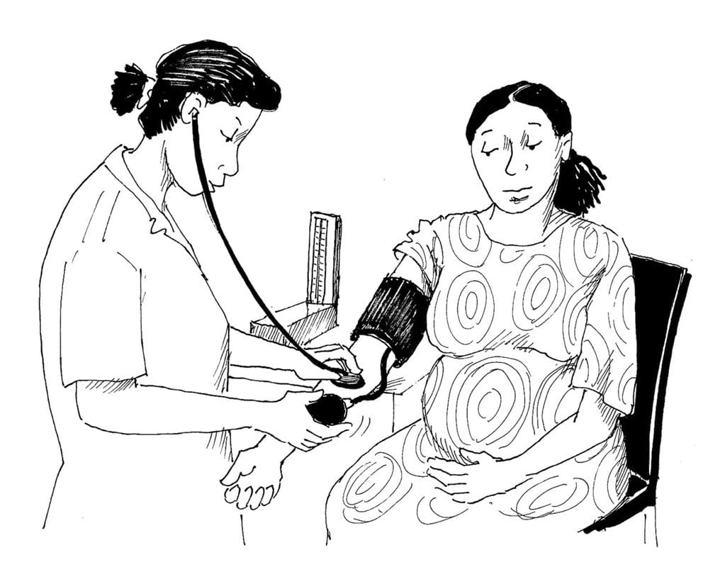 As igrejas podem ajudar suas comunidades a obter acesso a exames de pressão arterial e outros serviços de saúde. Ilustração: Petra Röhr-Rouendaal