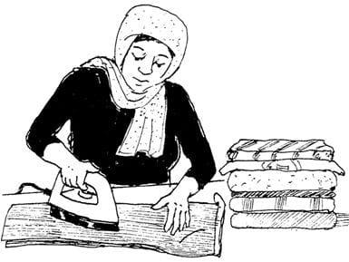 Les tâches ménagères sont souvent considérées comme incombant aux femmes. Illustration : Petra Röhr-Rouendaal, Where there is no artist (deuxième édition) 