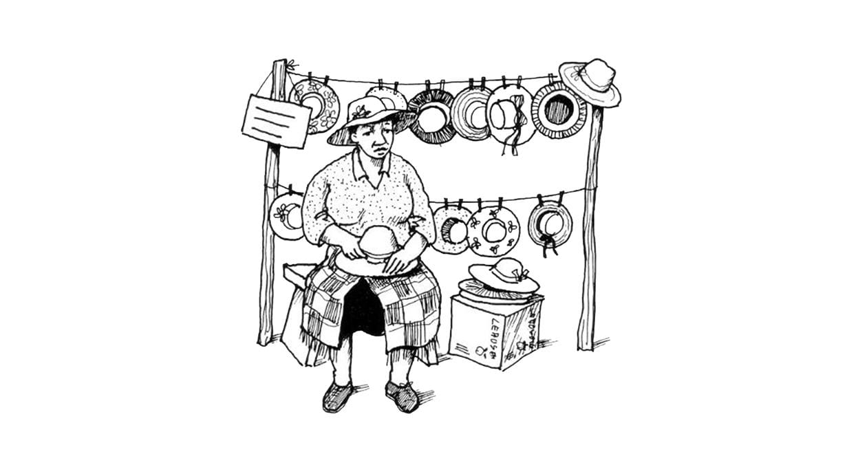 Black and white line drawing of a woman sitting at a market stall, working on a hat. Many other hats are displayed on lines above and beside her.