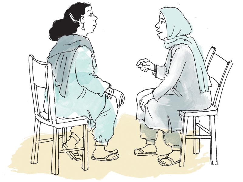 Ter uma pessoa com quem conversar, que não o julgue, pode ser muito terapêutico. Ilustração: Petra Röhr-Rouendaal, Where there is no artist (segunda edição) 