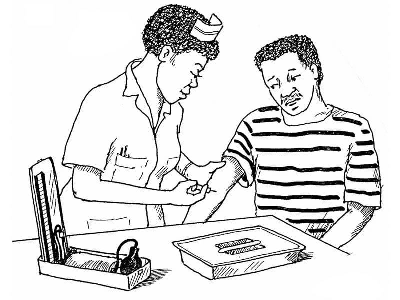 Confraternidad Carcelaria Zambia envía clínicas de salud ambulantes a las cárceles. Ilustración: Petra Röhr-Rouendaal, Where there is no artist [Donde no hay artistas] (segunda edición) 