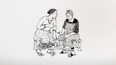 Deux femmes sont illustrées assises sur un banc en bois, l’une tenant une tasse et l’autre en train de parler.