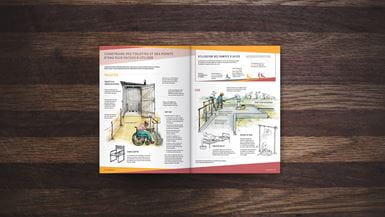 La page centrale d’un magazine posé au milieu d’une table en bois, sur le thème de l’assainissement, des toilettes et de l’accès à de l’eau potable.