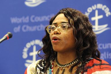 Micheline Kamba speaking about disability inclusion at a World Council of Churches conference. Photo: World Council of Churches