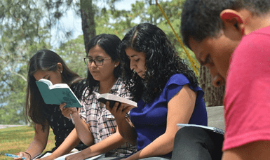 Four adults sit on a bench and read the Bible and and a book