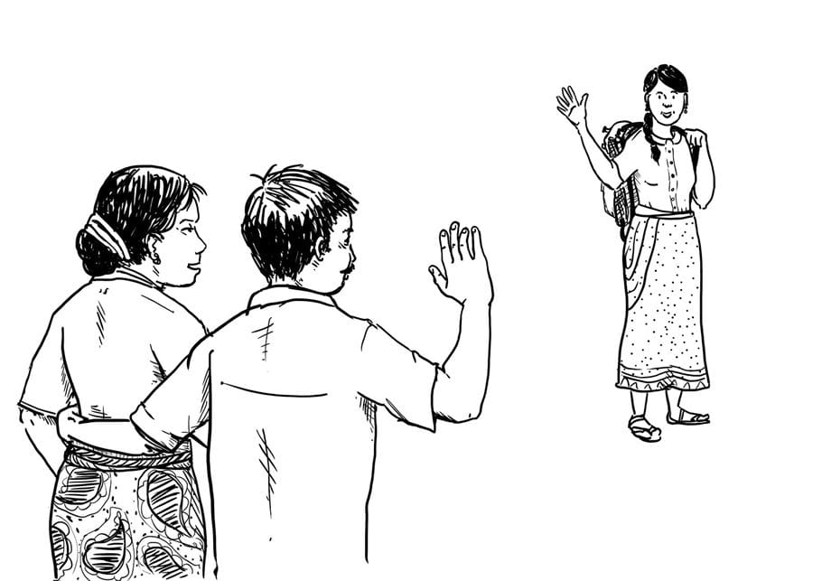 Couple waving goodbye to their daughter. Illustration: Wingfinger