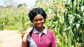 Uma senhora chamada Joy, na Nigéria, de pé em frente a uma plantação, segurando um um galho por cima do ombro e sorrindo para a câmera