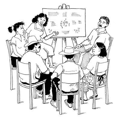 Une illustration de six personnes assises en cercle sur des chaises en train de discuter de la gestion d’un projet, une femme indique le tableau blanc.
