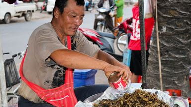 Um homem usando uma bolsa de pano tiracolo vermelha vendendo insetos comestíveis em uma banca de mercado em Myanmar