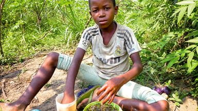 Un jeune garçon s’accroupit par terre sur les berges de la rivière Lasa et nettoie sa récolte de chenilles.