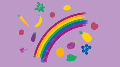 Ilustração mostrando um arco-íris com diferentes frutas, legumes e verduras multicoloridos