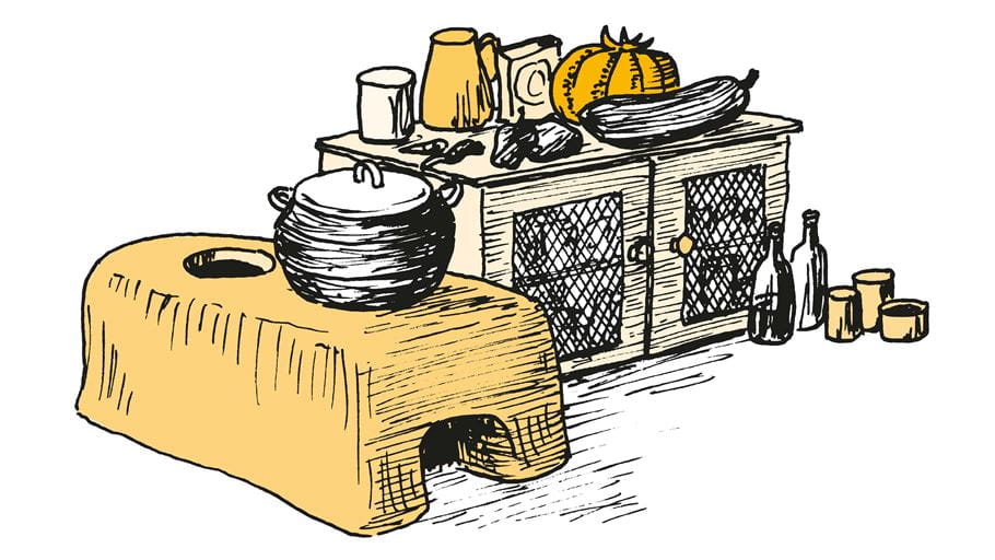 La ilustración muestra una estufa de leña hecha de barro, un armario de almacenamiento de alimentos hecho de madera y varias ollas, botellas, recipientes y verduras.