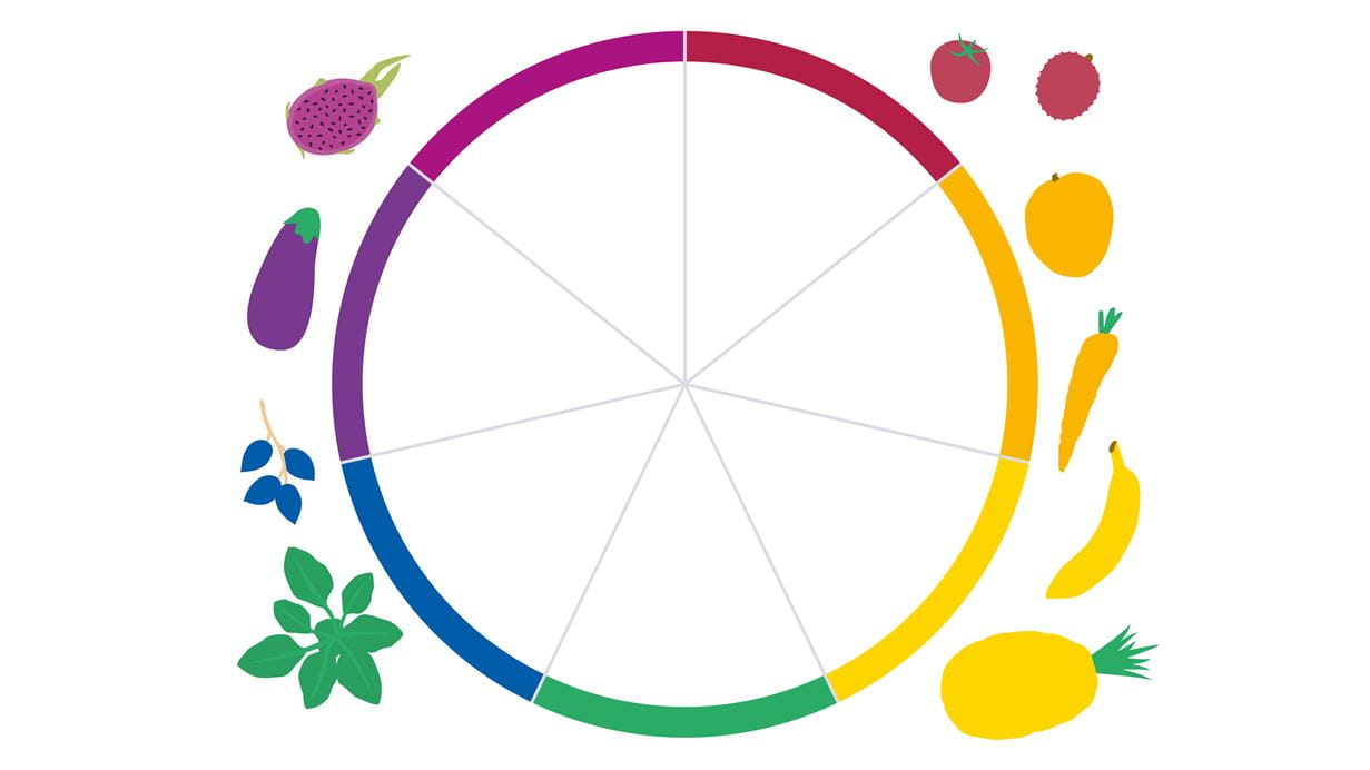 Diagrama ilustrado com espaços para as crianças desenharem diferentes tipos de frutas, legumes e verduras