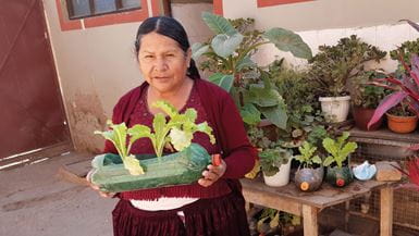Mulher boliviana segurando uma garrafa de plástico, a qual foi aberta e enchida com terra e plantas