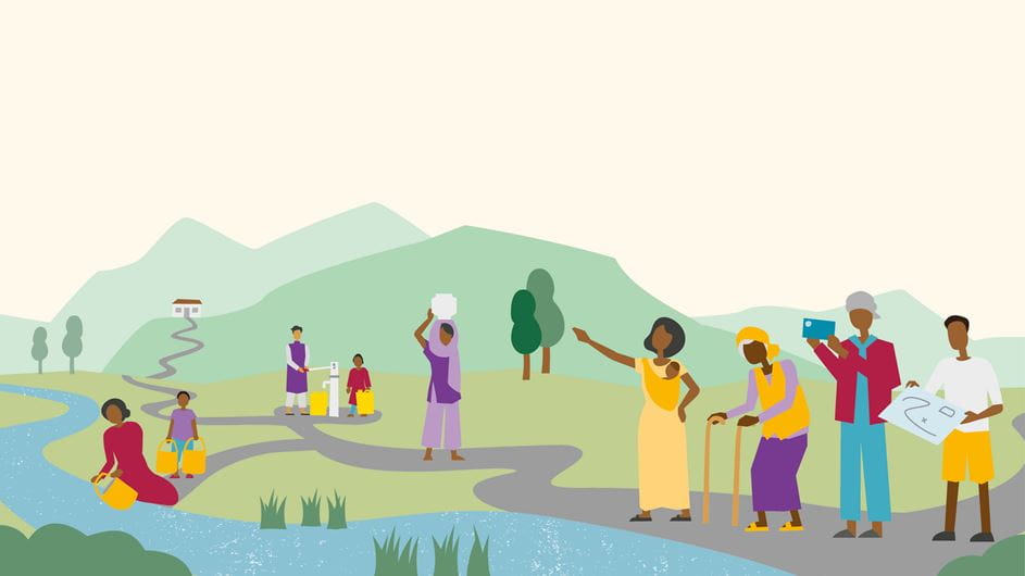 Illustration of community members investigating their water supply route