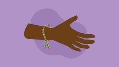 Illustration of a wrist wearing a colourful friendship bracelet
