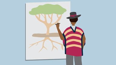 Illustration of a man writing on a chart with an image of a tree on it