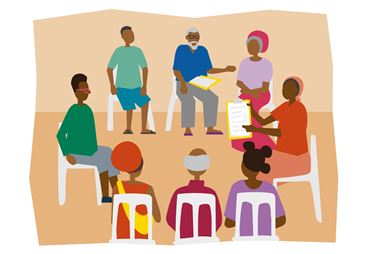 Illustration d’un groupe de femmes et d’hommes assis sur des chaises, en train d’écouter une femme qui leur explique quelque chose à l’aide d’un porte-bloc.