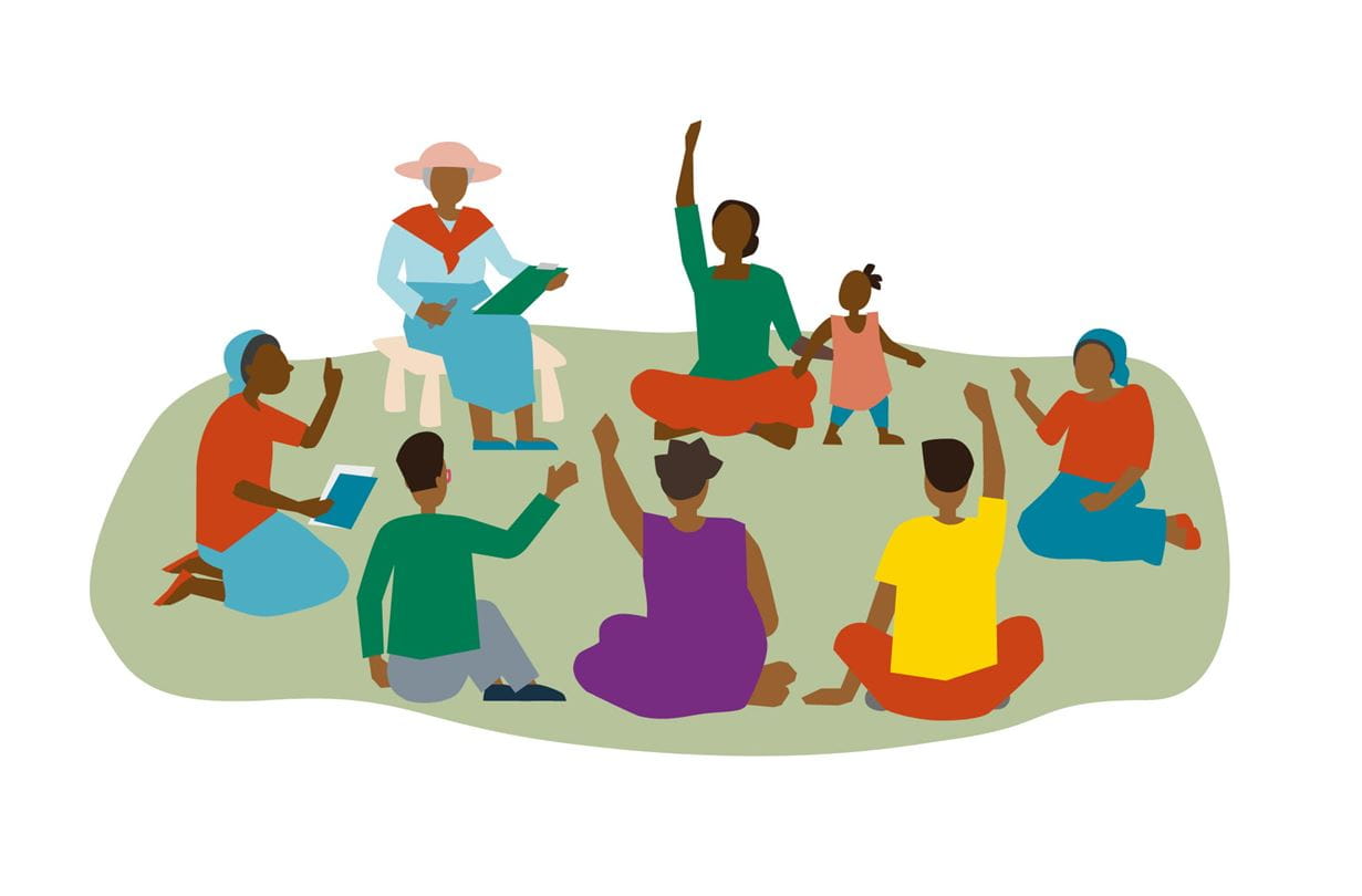 An illustration of a group of women, men and one child sitting in a circle outside and holding up their hands to vote on something.