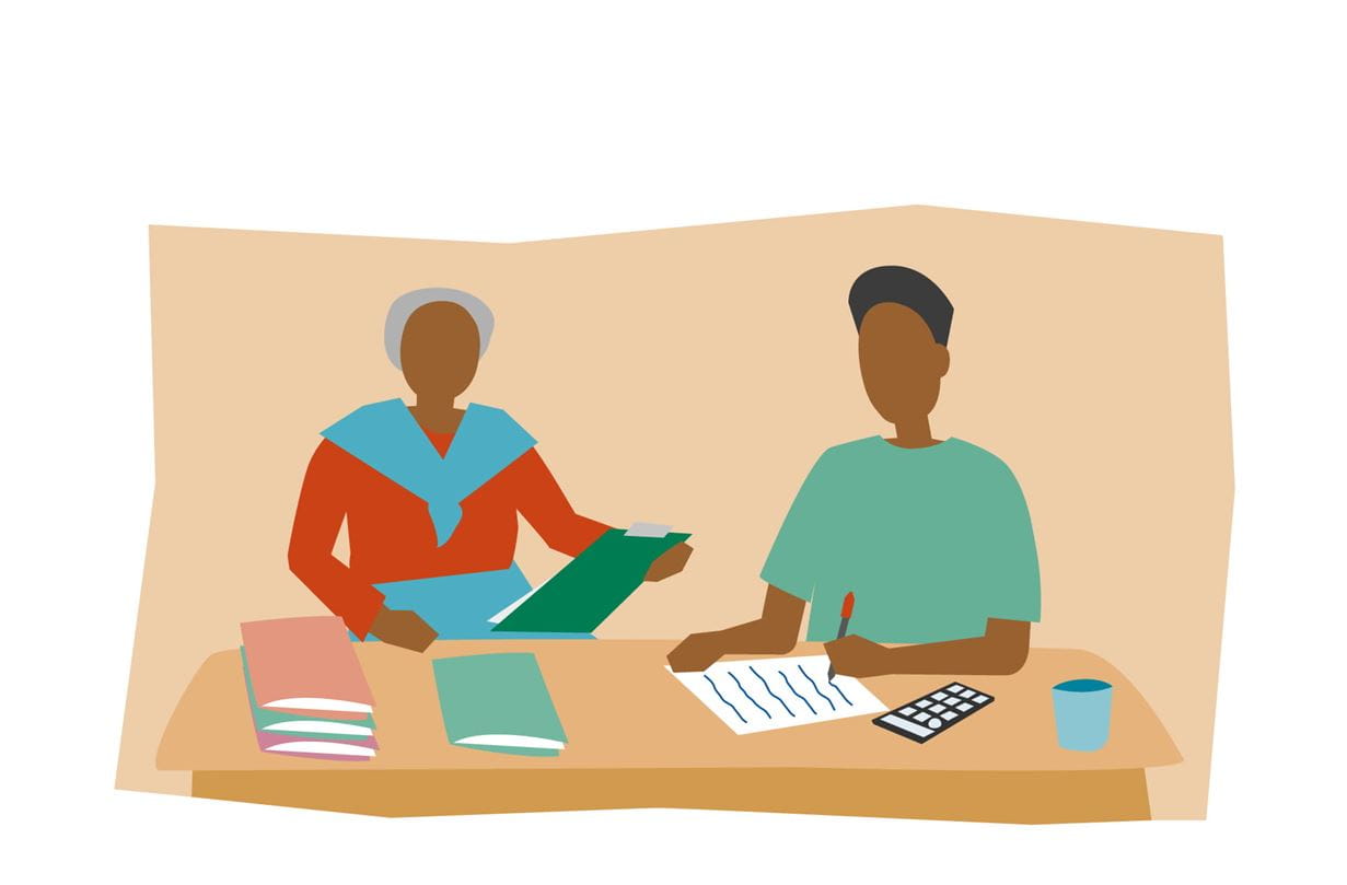 An illustration of a man and a woman sitting at a table, with the women looking at something on a clipboard and the man writing on a piece of paper.