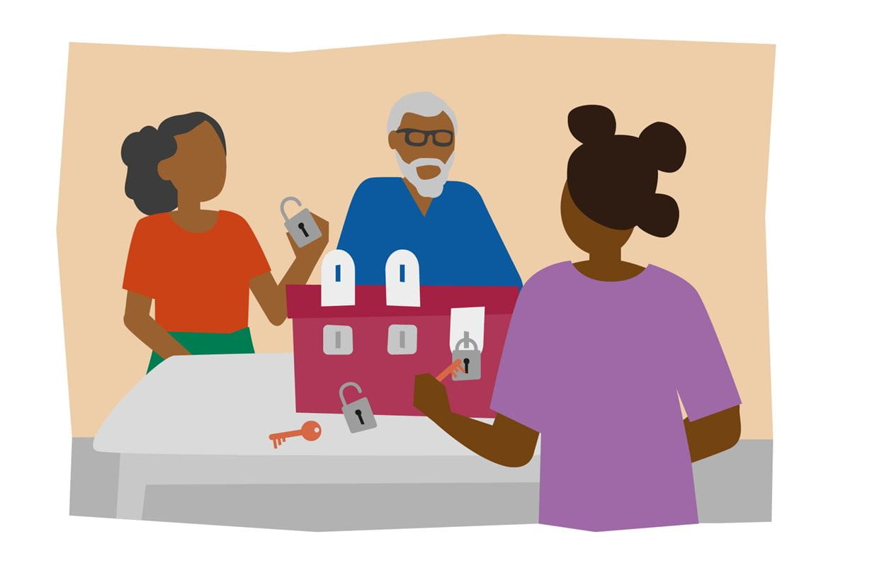 An illustration of two women and one man using keys to open the three padlocks on a red cash box.