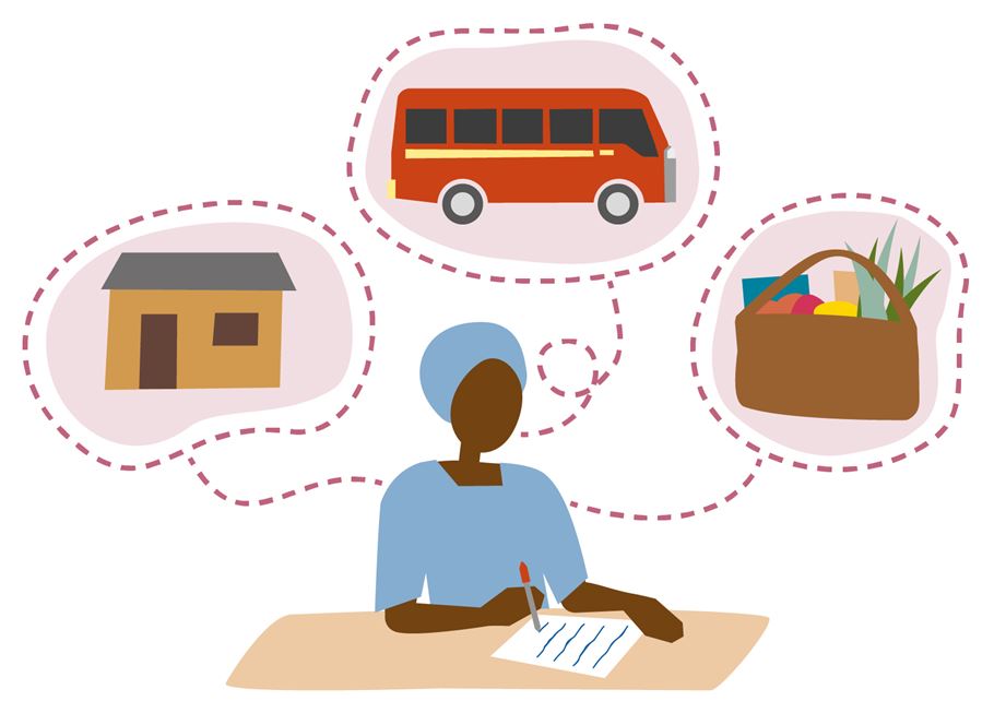 Ilustración de una mujer escribiendo en un cuaderno, con símbolos de una casa, un autobús y una bolsa llena de compras, que representan las cosas en las que está pensando.