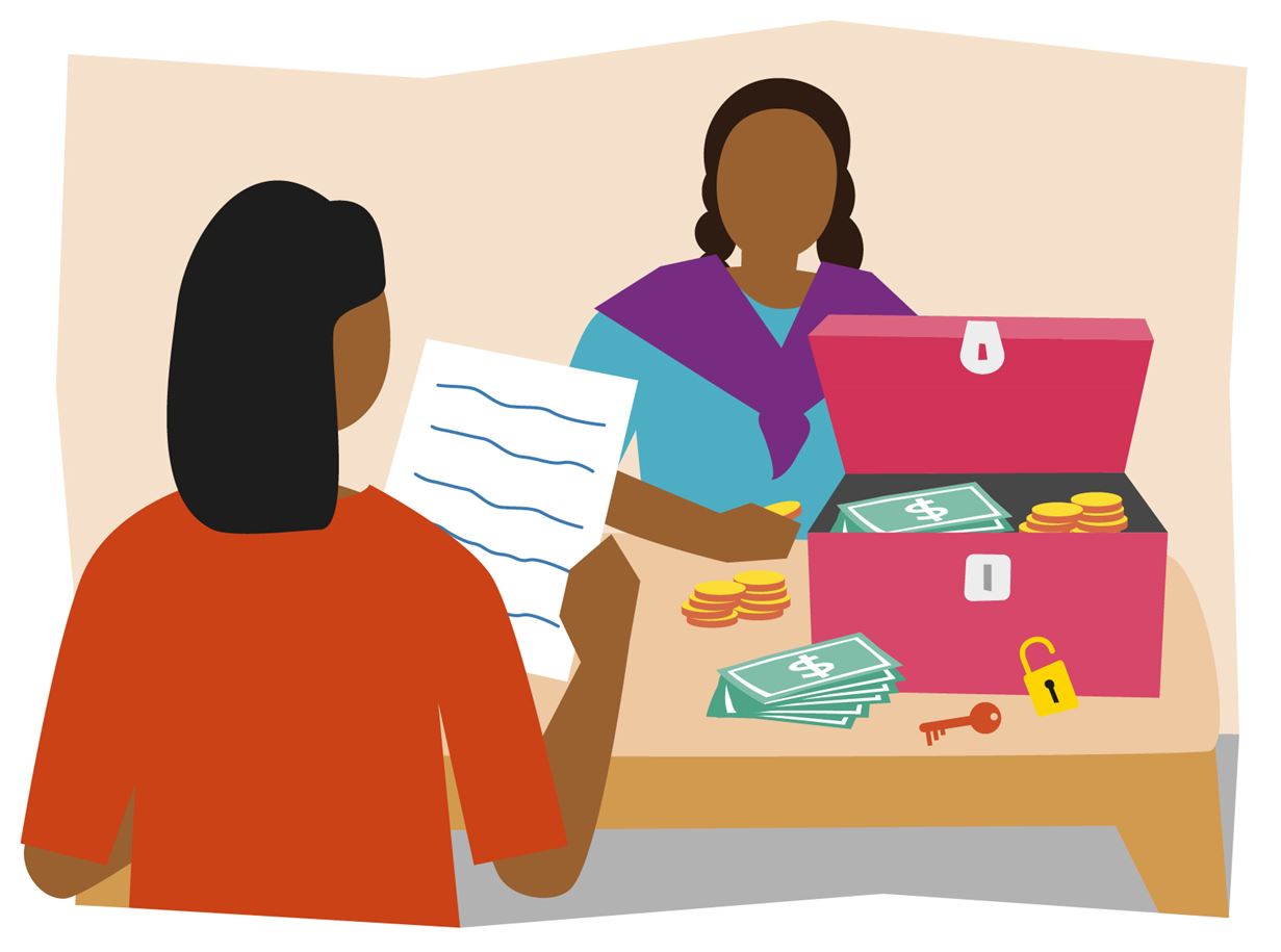 An illustration showing two women either side of a cash box containing bank notes and coins, with one woman looking at a list. A padlock and key are beside the cash box.