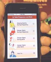 Mobile phone showing Safe Pregnancy and Birth mobile app