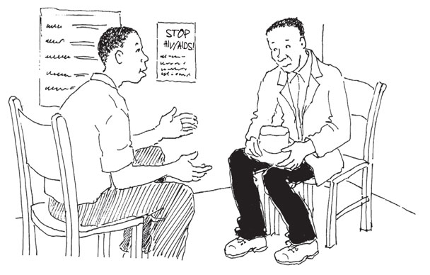 Voluntary counselling and testing is an important part of the SAVE approach to HIV prevention. Illustration: Petra Rohr-Rouendaal, Where there is no artist (second edition) 