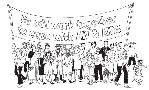 We will work together to cope with HIV & AIDS. Illustration: Petra Rohr-Rouendaal, Where there is no artist (second edition)