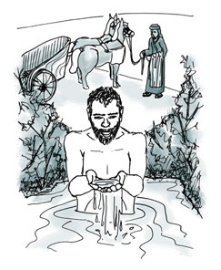 Naaman washing in the river. Illustration: Amy Levene