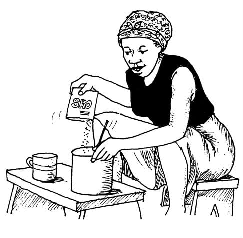 Se alguém estiver sofrendo de exaustão pelo calor, as bebidas reidratantes poderão ajudar. Ilustração: Petra Röhr-Rouendaal, Where there is no artist (segunda edição)