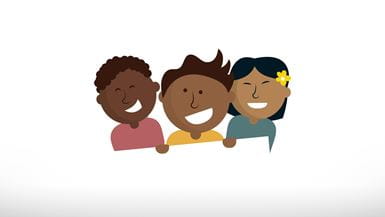 Uma ilustração de três crianças de diferentes culturas sorrindo