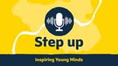 Step Up podcast graphic featuring a microphone on a map graphic of South Sudan