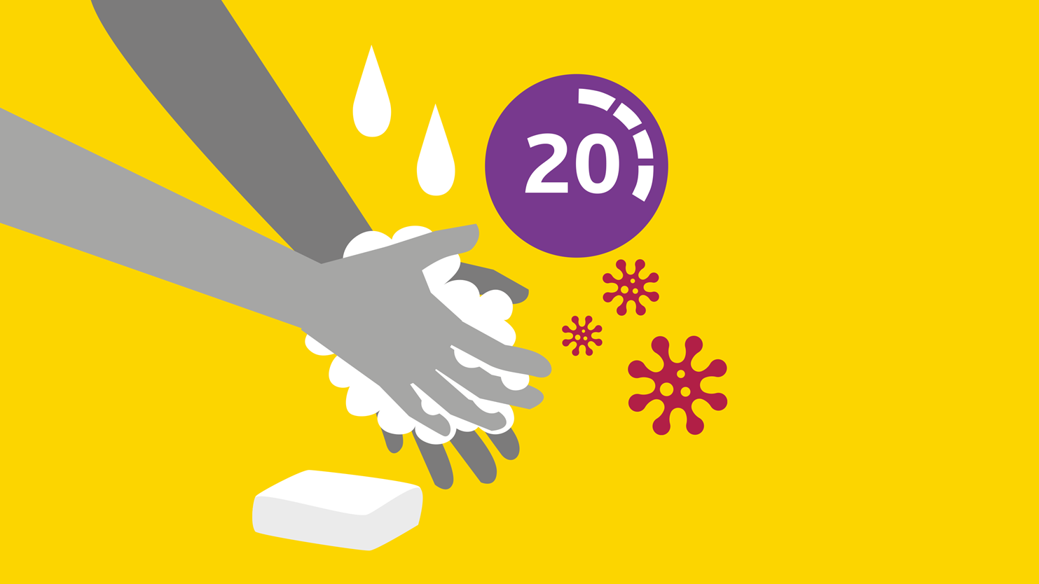 An illustration of a pair of hands washing with soap with a 20 second timer 