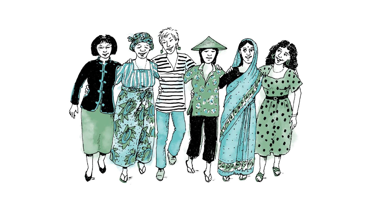 Ilustración de portada de mujeres de diferentes países. Diseño: www.wingfinger.co.uk 