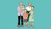 Ilustración de portada de una familia compuesta por la madre, el padre y dos hijos y una hija de distintas edades