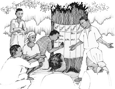 Uma ilustração de um facilitador realizando uma discussão com membros da comunidade