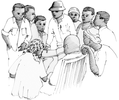 An illustration of a group of men talking together
