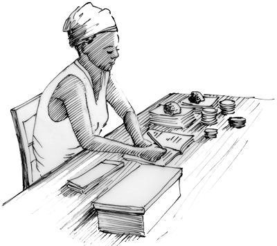 Uma ilustração de uma mulher sentada a uma mesa trabalhando